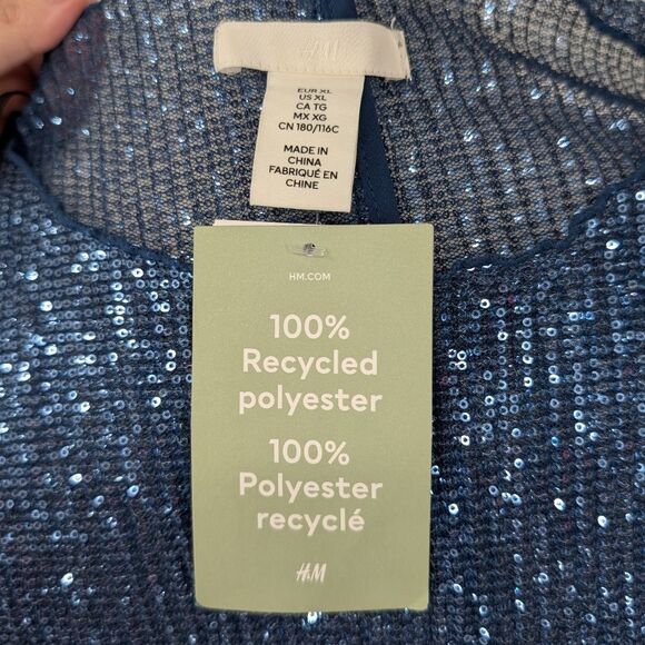 H&M Blue Sheer Sequin Long Sleeve Scoop Neck Mini Party Dress X-Large XL NWT - Picture 6 of 10